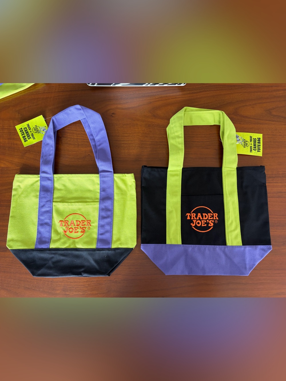 Trader Joe’s Halloween mini canvas tote bags pair Lime green Purple Black